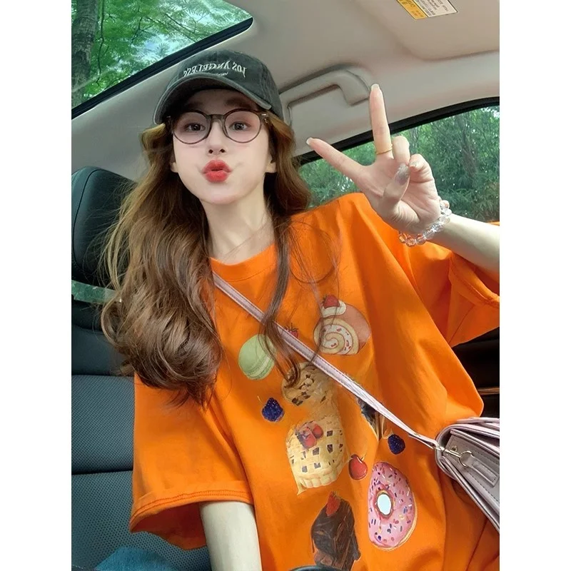 

Off Orange Printed ort Sve T-irt Women's Faionable American Retro Design Summer Top Quali Material Fit Sle