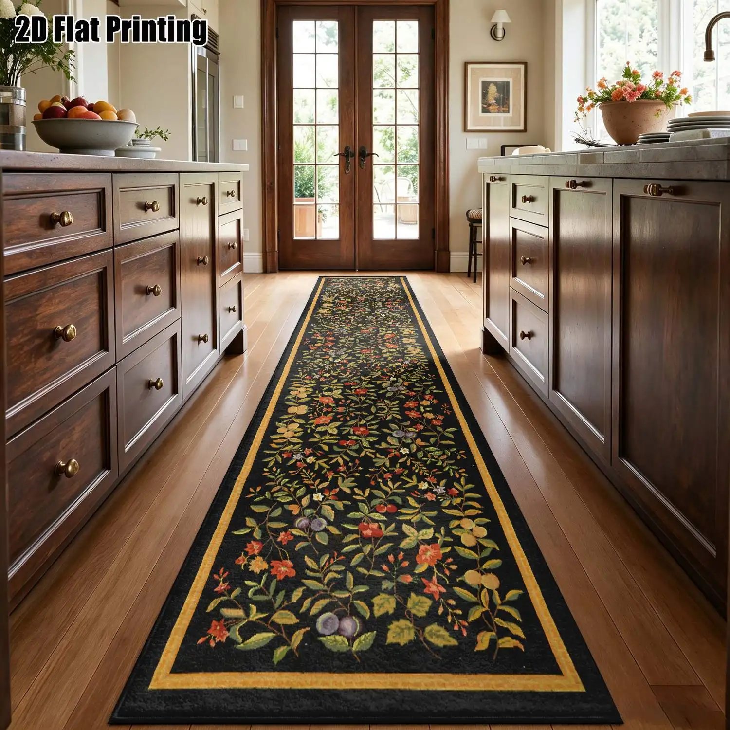 1Pc 2D Printed Long Strip Rug: Retro Black-Base Flower Cluster Pattern, European/Bohemian/Geometric Floral Style, Home Decor, Multiple Sizes, Machine Washable, Ideal for Entryway, Hallway, Living Room, Bedroom