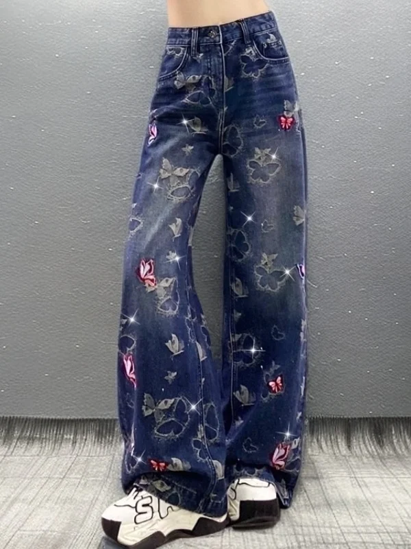 

Женские джинсы Ele с вышивкой, высокой талией и прямым кроем, премиум-класса, весенняя мода, уличный стиль, с термотрансферным принтом в виде бриллиантов