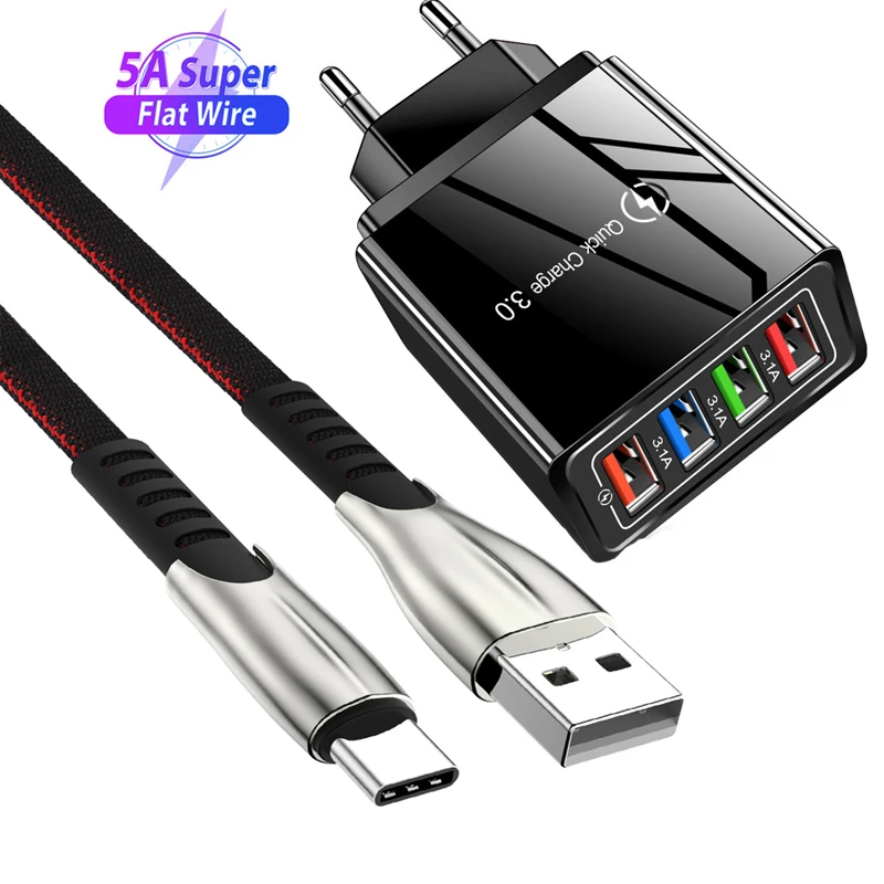 

Quick Charger 3.0 USB Cherger 4 Ports Fast Charging 5A Type C USB Phone Charger Cable For Samsung Huawei P40 P30 Charger Cable