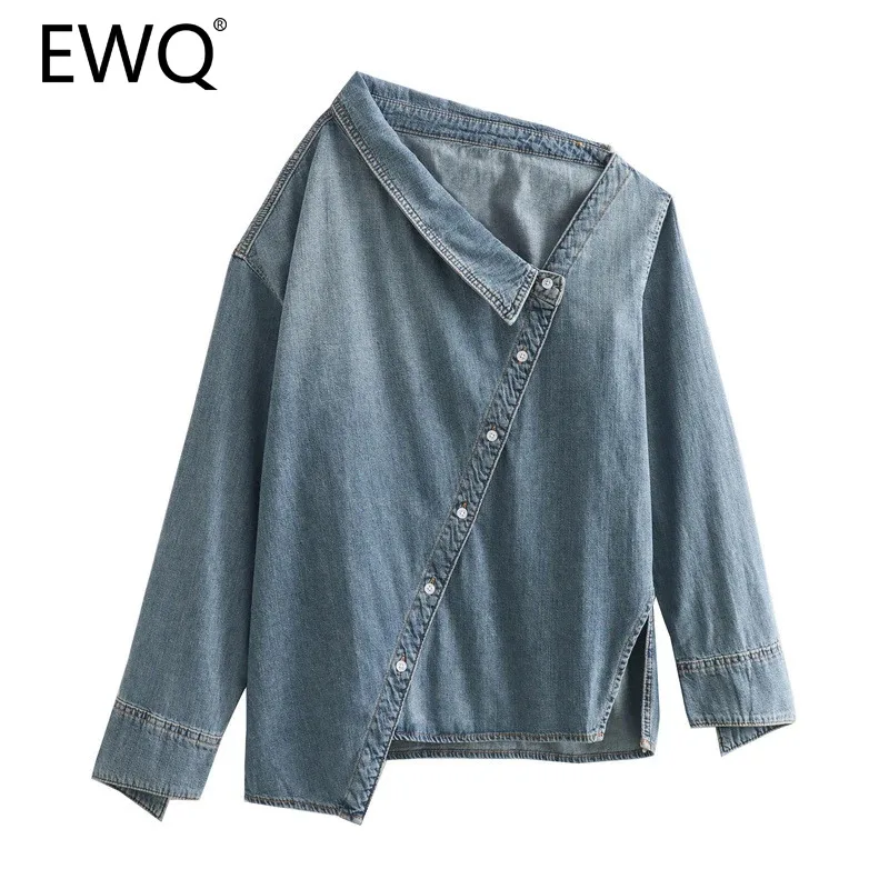 

EWQ Fashion Irregular Denim Shirt For Women Casual Skew Collar Long Sleeved Single Breasted Top Clothing 2024 New 27X555