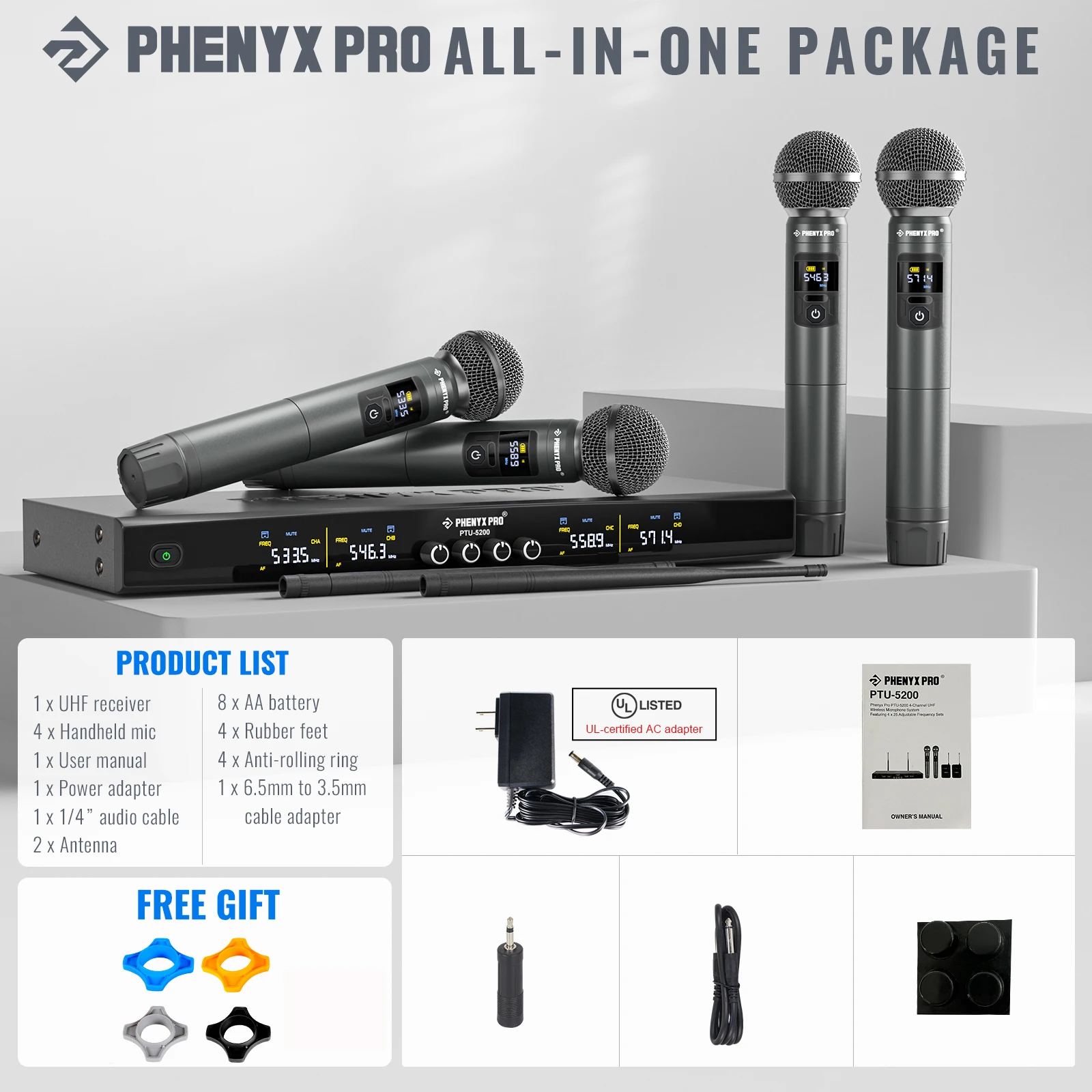 Phenyx Pro UHF  Wireless Handheld Microphone System Adjustable Frequency 4x25 Frequencies Metal Build 60M For Church DJ Karaoke