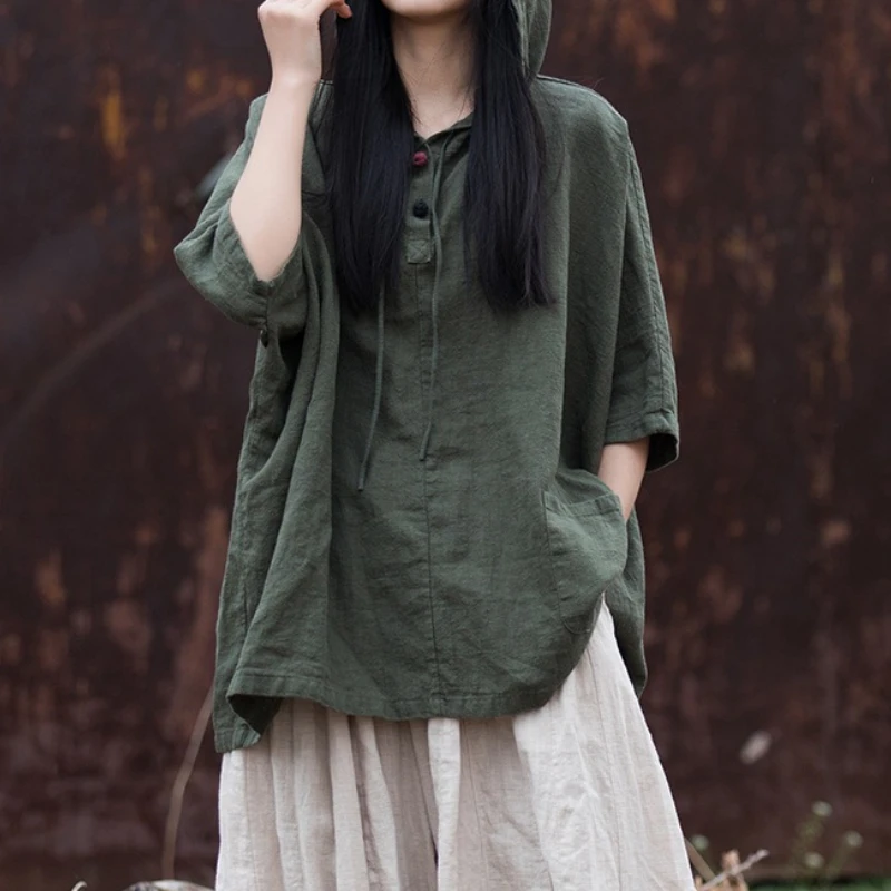 Sand Washing Dish Buckle Hooded Sunscreen 25 Spring and Summer Cotton and Linen Women's New Women's Half Sleeve T-shirt