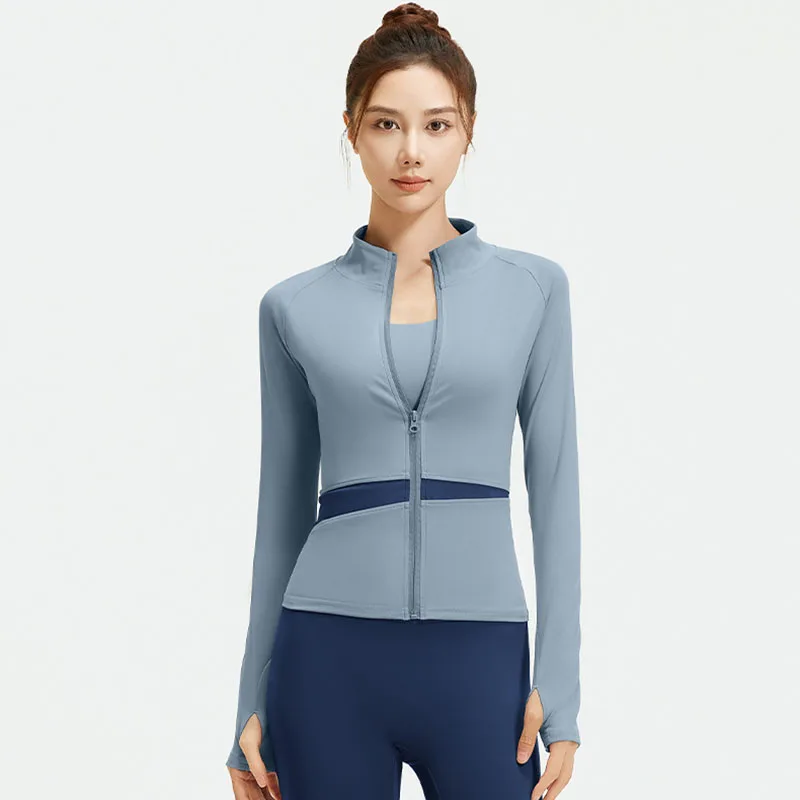 Koreaanse patchwork yogajassen dames opstaande kraag slim fit naakt gevoel fitnessjassen hoge elastische ademende sportkleding