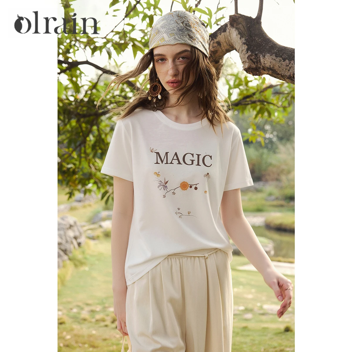 OLrain Basic Cotton Women's T-shirt 2026 Summer Vintage Hand Drawn Letter Print Casual Round Neck Short Sleeve Top O58XT008150