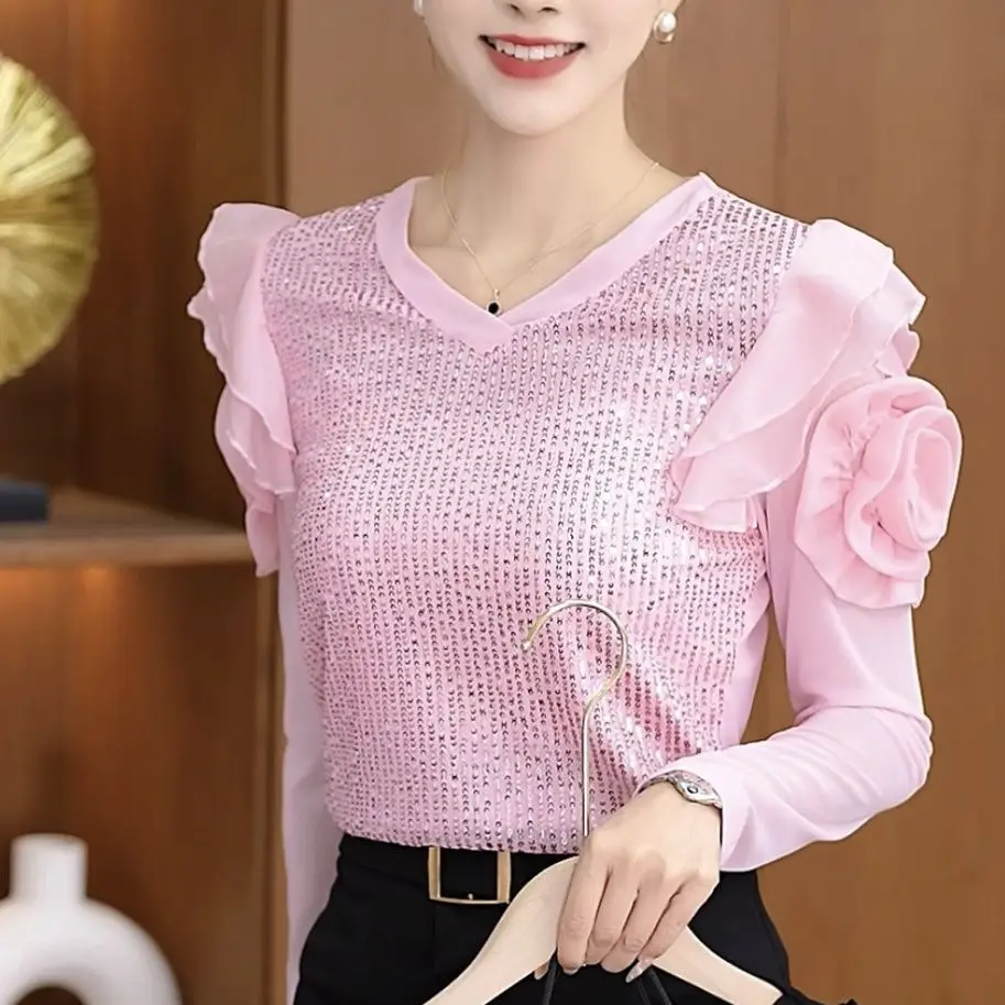 Pink Sequined T-shirt for Women\'s Autumn New Style High-end Temperament Fashionable and Loose Design Base Shirt