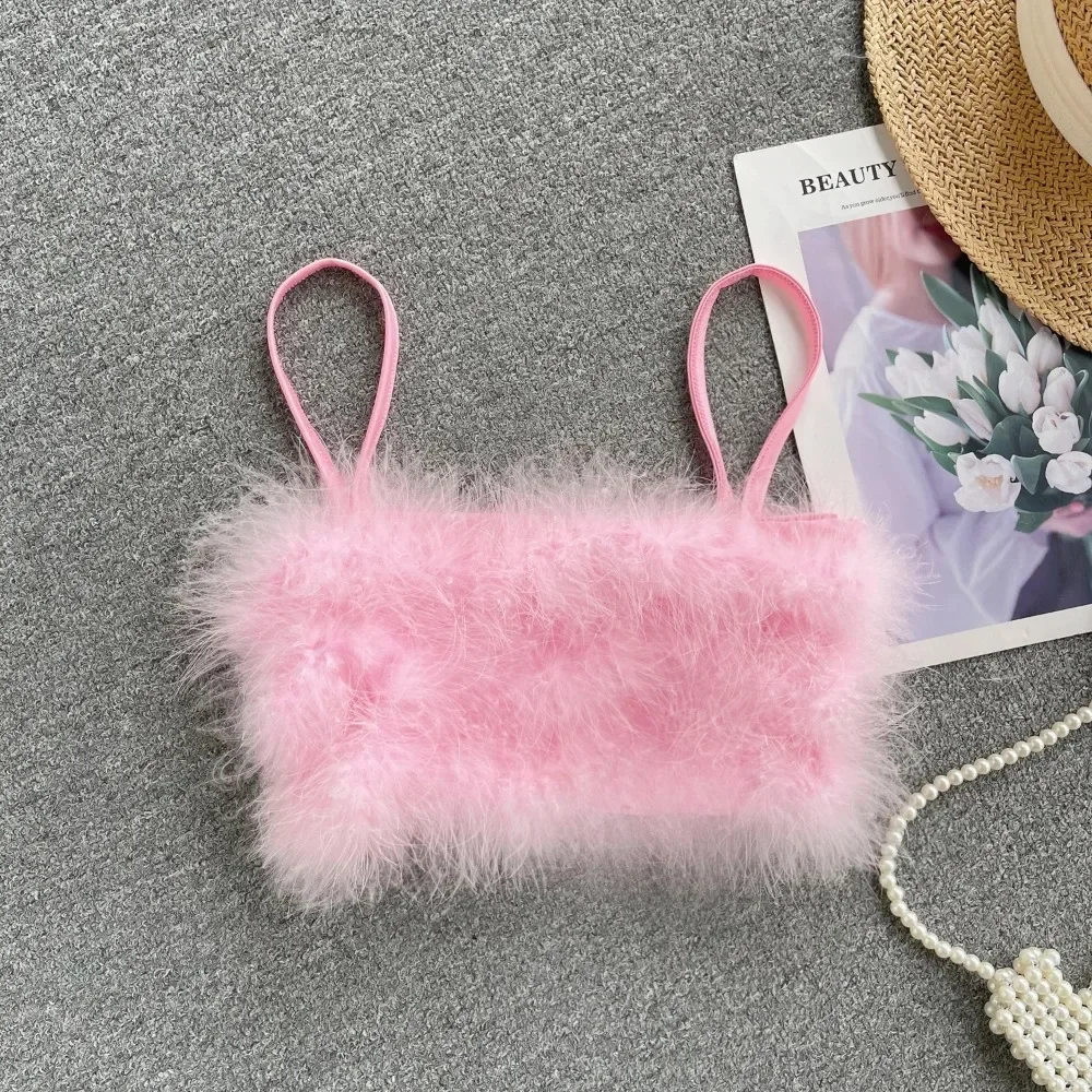 Chic Fluffy Korean Fashion Camis  Hotsweet Velvet Basic Bustier Corset Sexy Tank Top Slim Cute Party Vacation Women Crop Top