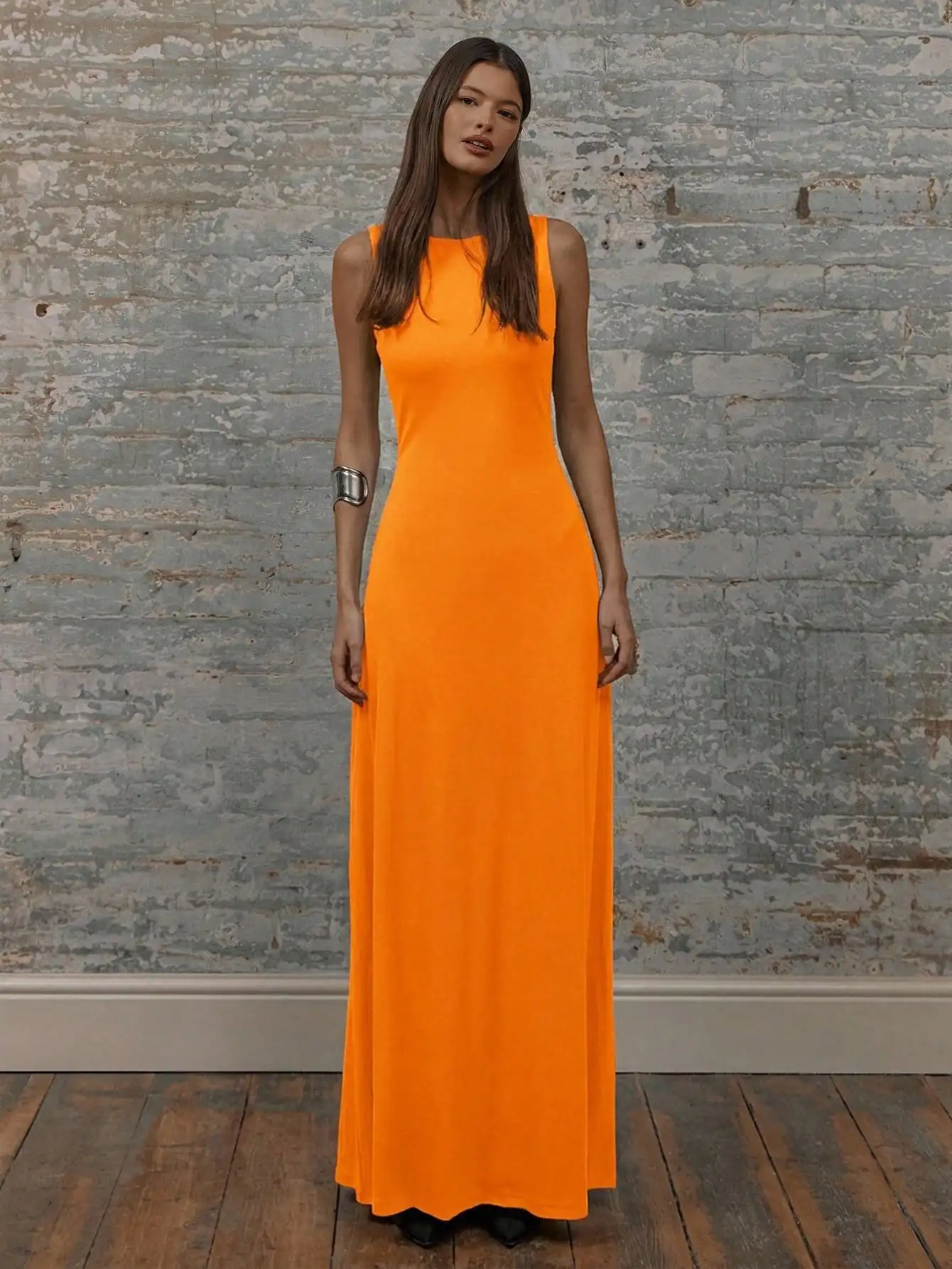 Sleeveless Round Neck Solid Maxi Dress Women Elegant Floor-Length Gown For Summer Fall Wedding Guest Beach Vacation