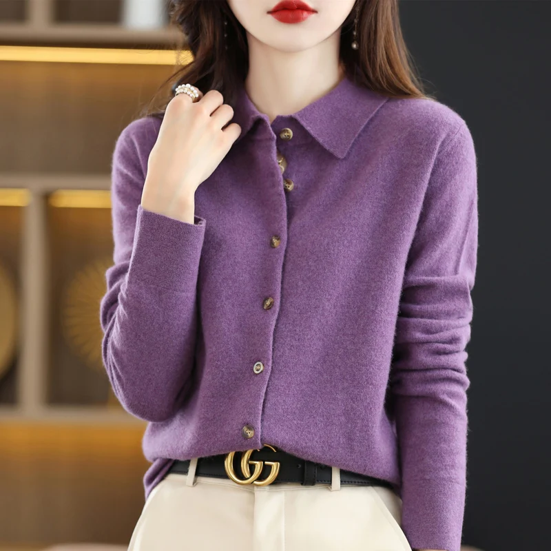 Spring And Autumn Winter POLO Neck Wool Knitted Shirt With Loose Long-Sleeved Sweater Cardigan Temperament Lapel Coat Bottoming