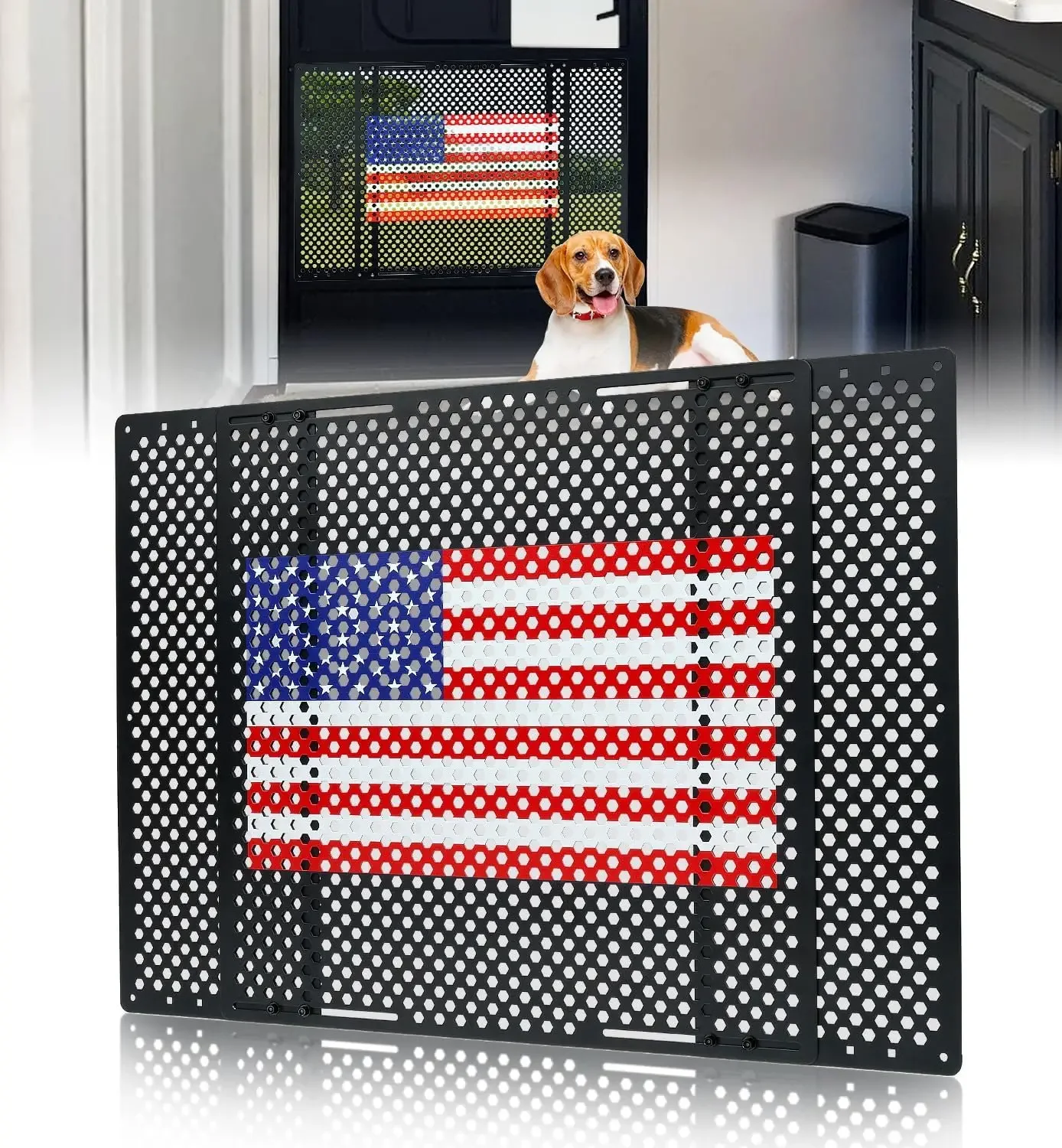 

Adjustable Aluminum RV Screen Door Grille, Fits 22"-31.5", Protector with Flag Design
