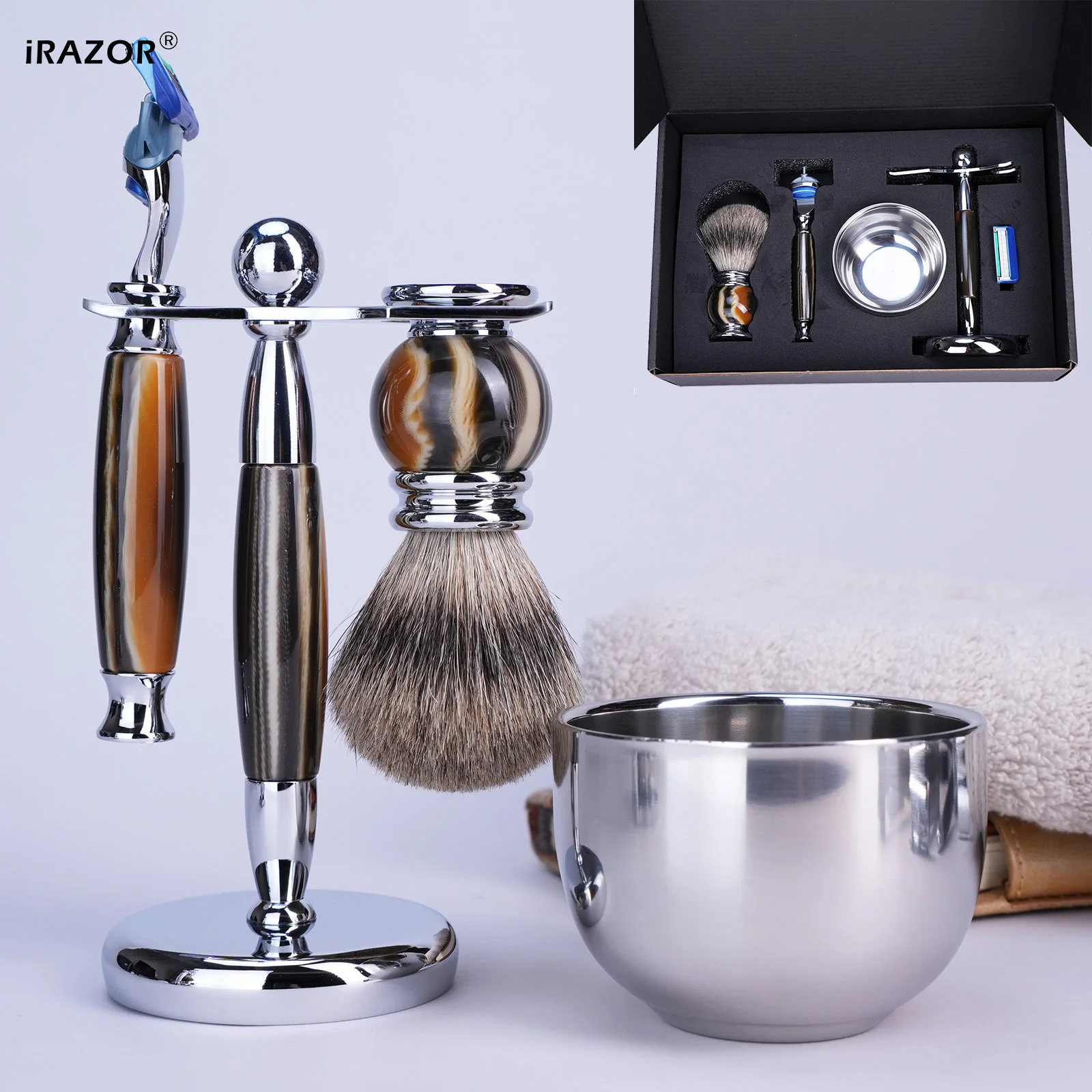 Zestaw do golenia iRAZOR Luxury 5-Blade F5 Fusion dla mężczyzn z żywicznym uchwytem, szczotką z włosia jełowieczej Silvertip, miseczką i narzędziami do pielęgnacji, idealny na prezent.