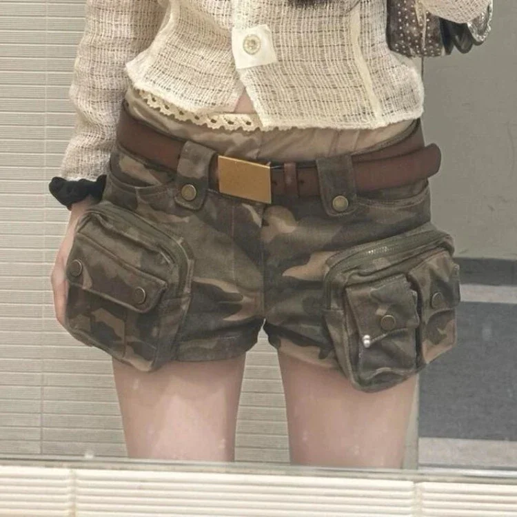 여성을위한 미국 복고풍 위장 반바지 2025 여름 새로운 슬림 맞는 청바지 Y2k 그런지 헤비 포켓 바지 Mujer