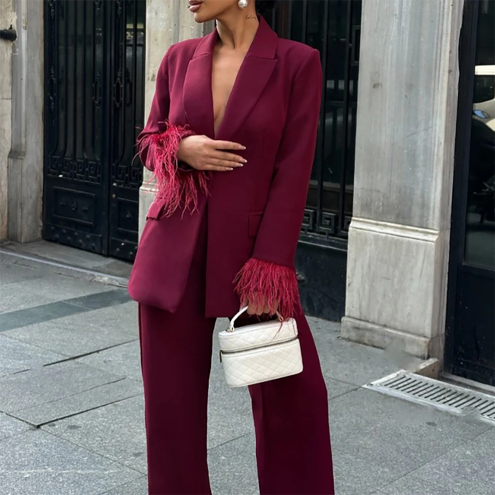 

High Quality Women's Blazer Suits Chic Single Breasted Peak Lapel Feathers 2 Piece Jacket Pants Customized Female Clothing