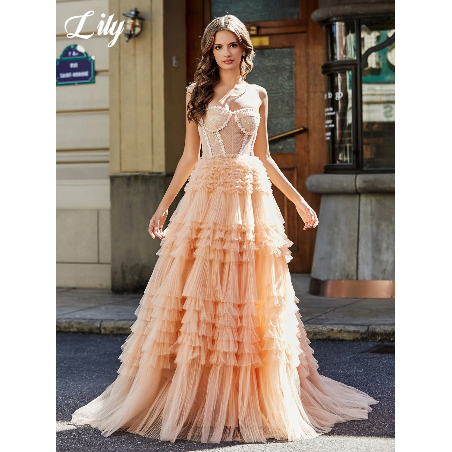 

Lily Light Orange Net Prom Dress A-Line Tiered Evening Dress Sweetheart Party Dress With Crystal Crafts فساتين السهرة Customized
