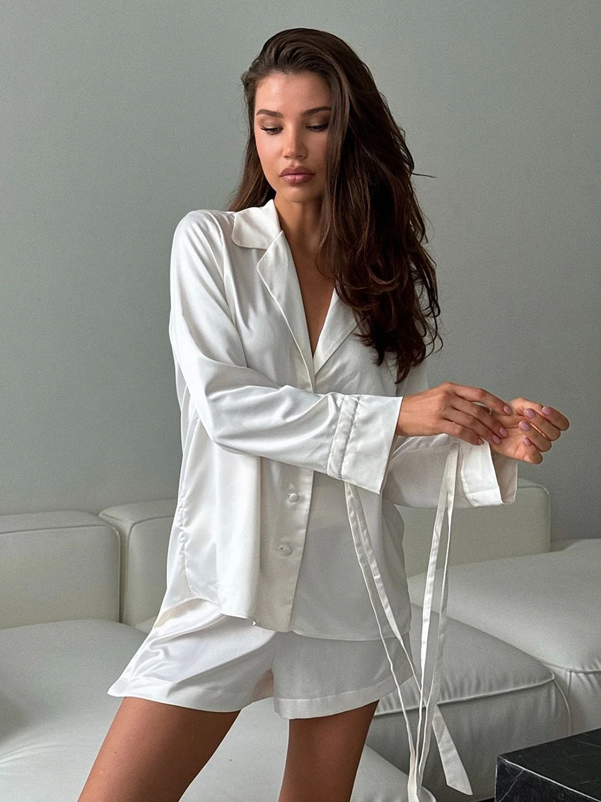 Marthaqiqi Casual Female Sleepwear Set Long Sleeve Nightgowns Sexy Turn-Down Collar Pajamas Shorts Loose Women'S Nightwear Suit