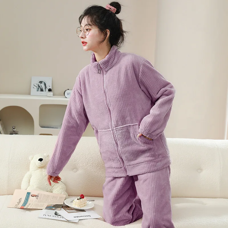 Women's Pajamas Set Autumn Winter Flannel Thickened Stand-up Collar Zipper Coral Fleece Loungewear Set Can Be Worn Outside