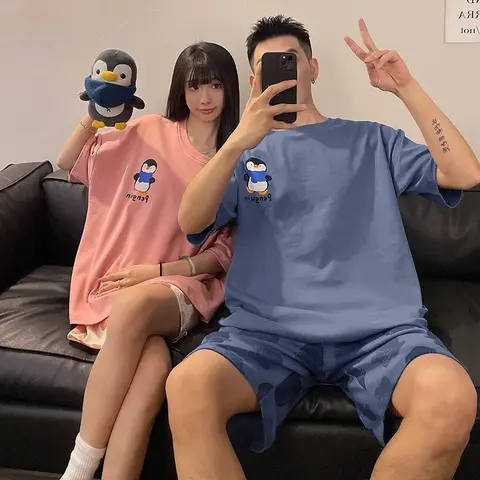 Penguin Cartoon Cute Nightwear For Couples Summer Women and Men Matching Short Sleeves Pajamas Set Big Size M-3XL pijama mujer