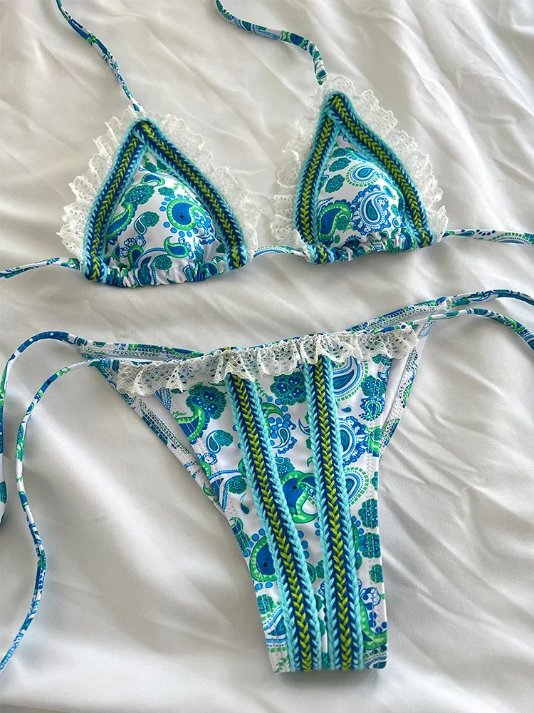 Mulher conjunto de biquíni 2024 biquinis sexy banho feminino maiô rendas até beachwear impressão maiôs