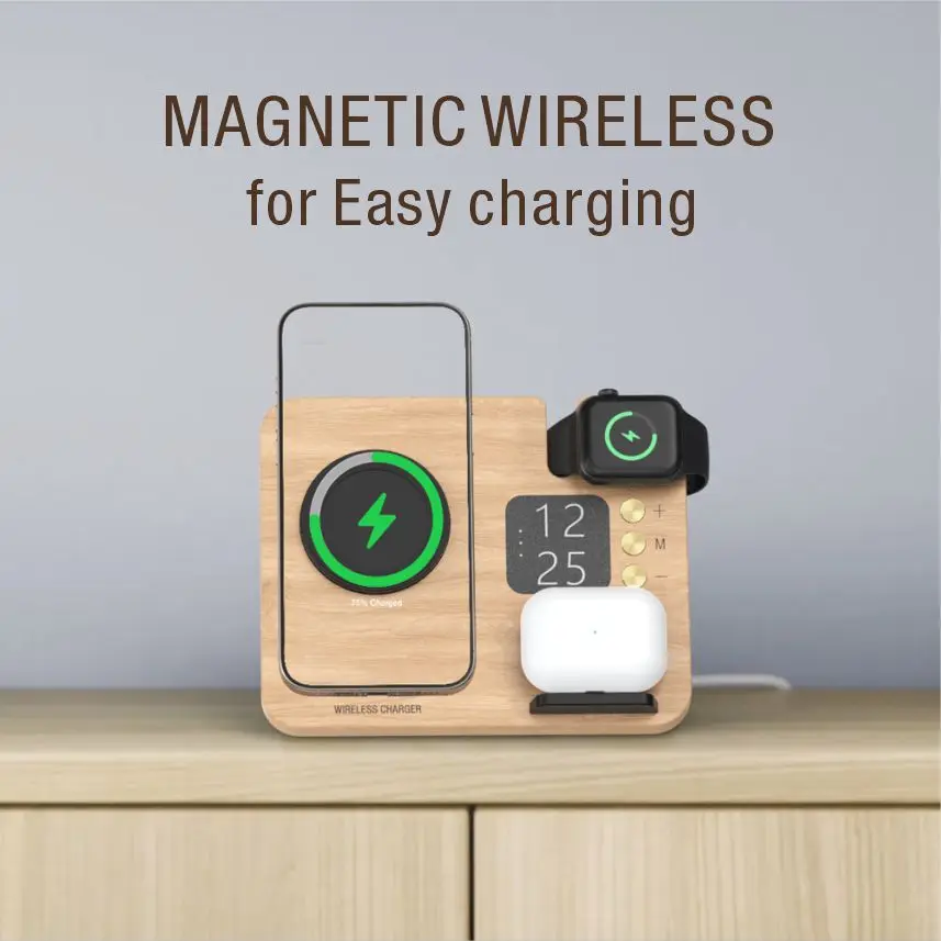 2025 New Arrivals Multifunctional Wooden Docking Holder 3 in 1 Magnetic Wireless Charger Station Phone Holder for iPhone