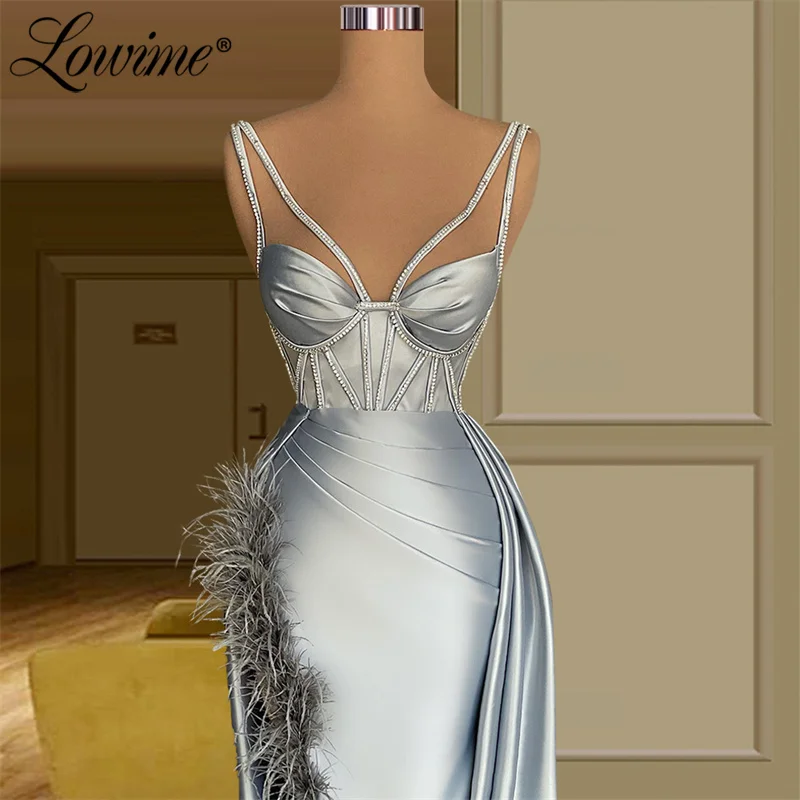 Lowime robe prata v pescoço sexy vestidos de festa longo sereia penas vestidos de noite robes vestidos de baile de formatura vestidos de fiesta mais tamanho