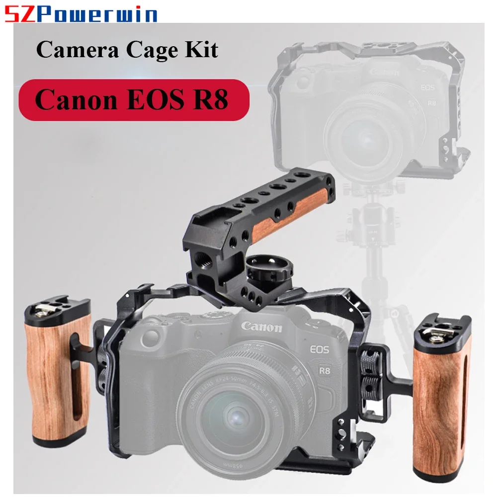 Powerwin Camera Cage For Canon EOS R8 with wooden Handgrid Handle Kit Aluminum Alloy Multifunctional Arri Locating Screw