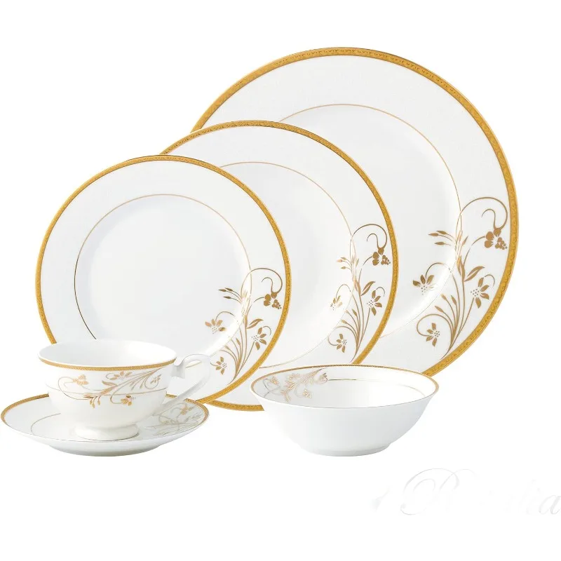 La Luna Bone China 57-Piece 24K Gold Floral Design Dinnerware Set, Service for 8