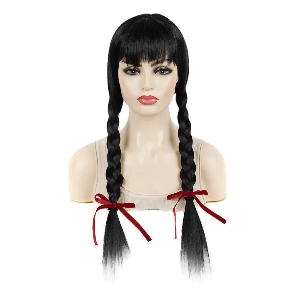 Long Black Hair Wigs with Bangs Two Braids Orange Wigs Costume Cosplay Party Wig