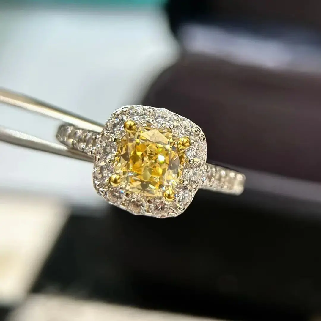 Kualitas tinggi baru 2023 tren merek mewah laris cincin perhiasan untuk wanita klasik geometris besar kuning CZ hadiah ulang tahun perak