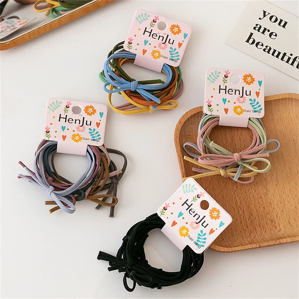 4/6/10pcs Set Cartoon Bear Tag Seamless Cotton Hair Ties Kid Girls High Stretch Ponytail Holder Rubber Band Summer Headdress