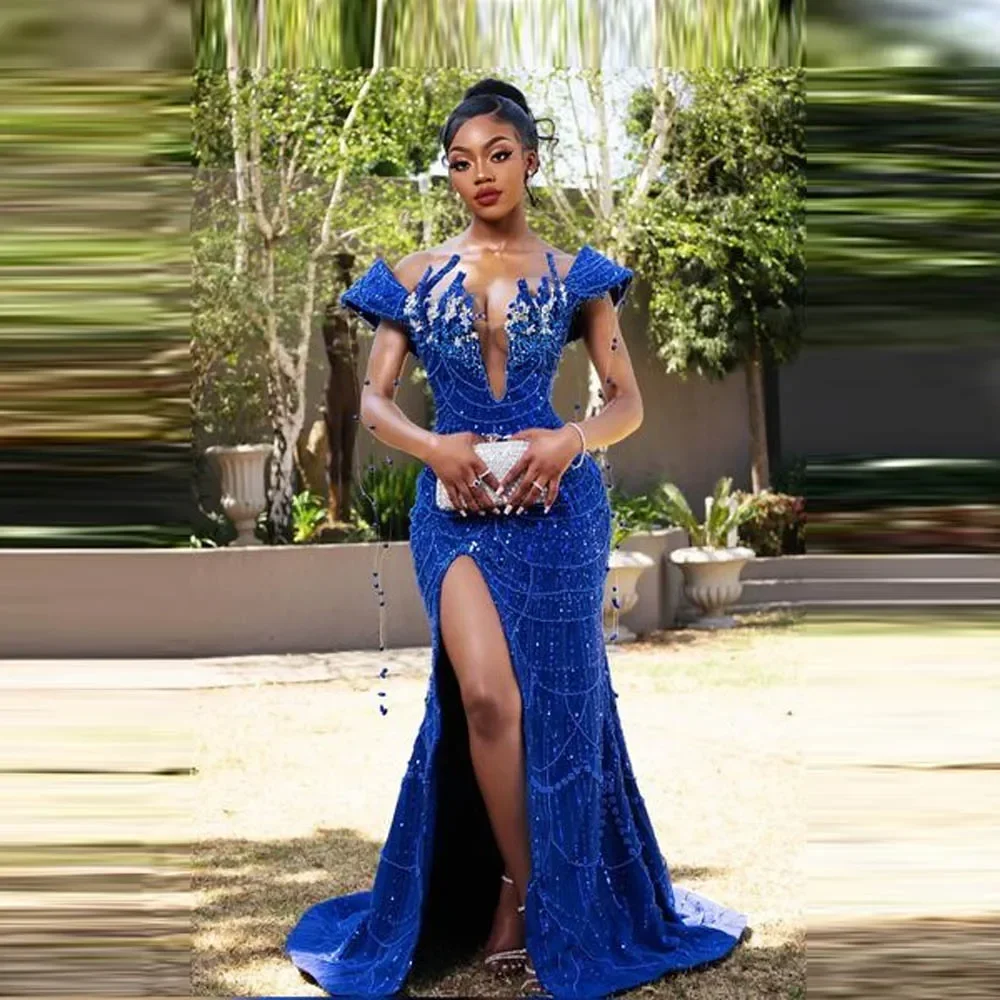 

Luxury Mermaid 3D Lace Beaded Crystal Formal Party Evening Dress Sexy V-neck Split Tassel Wedding Guests Ball Dress Customized