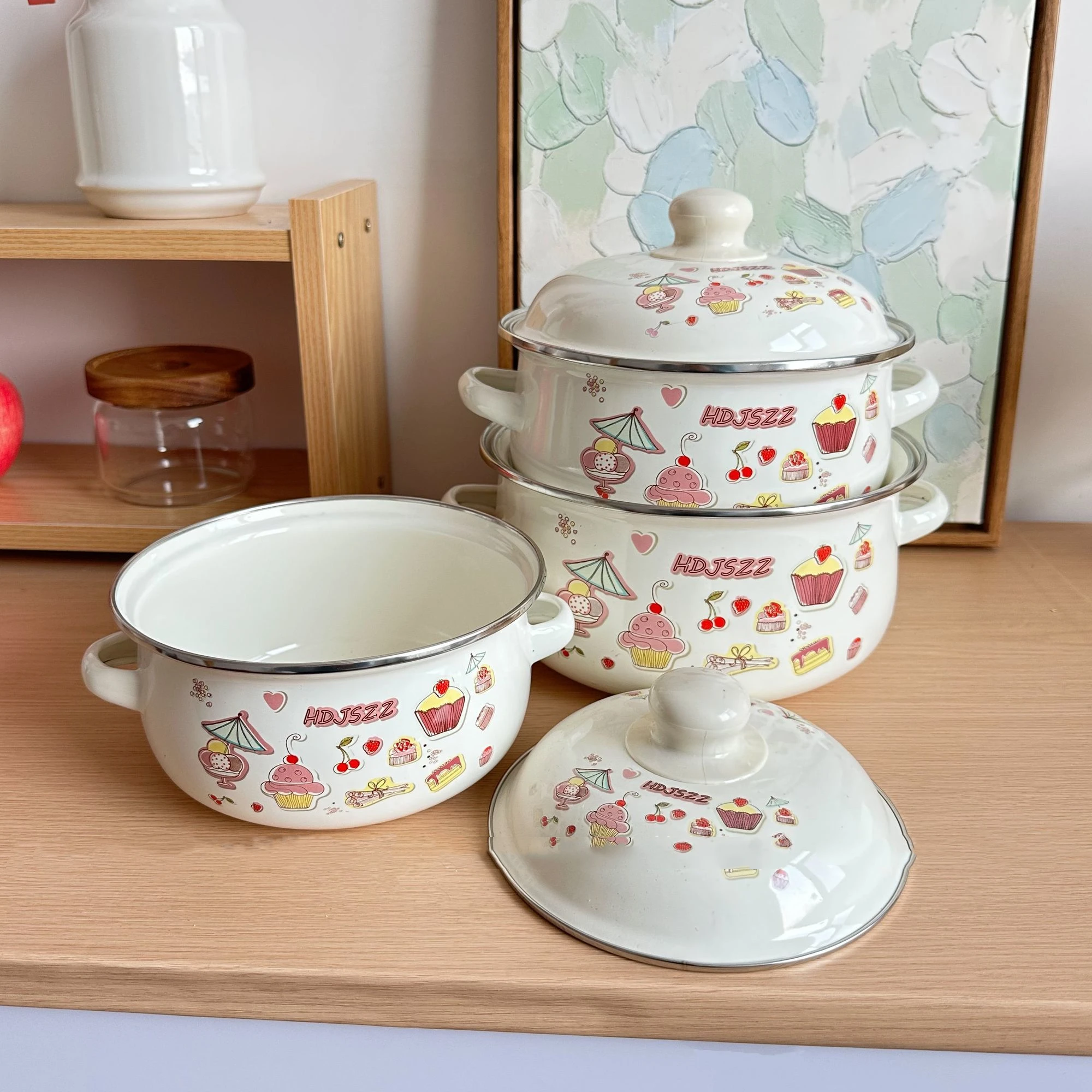 

New Enamel Thickened Double Ears with Lid Saucepan Enamel Pot Baby Auxiliary Food Bowl Kitchen Supplies Cookware