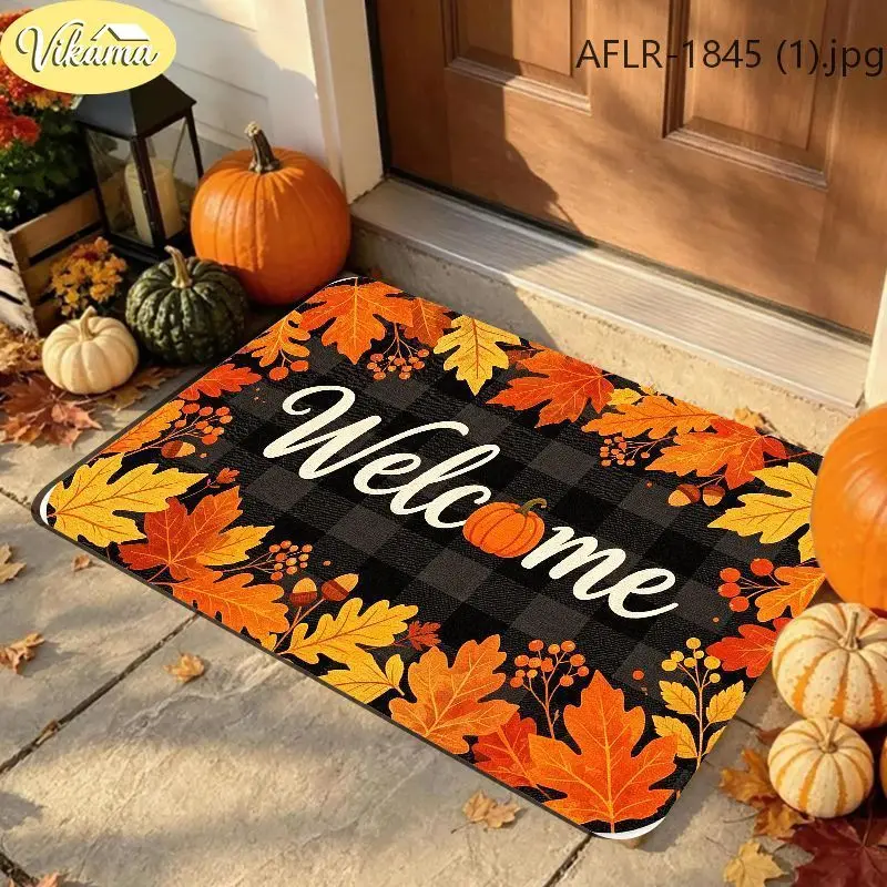 VIKAMA Fall Welcome Mat Black Buffalo Plaid Orange Maple Leaves Pumpkin Front Door Mat Non Slip Soft Rug Home Decor