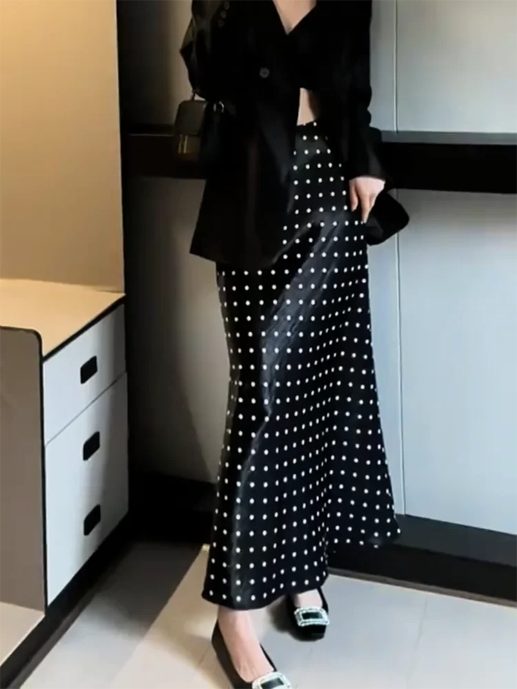 

Винтажная юбка А-силуэта с высокой талией, простая длинная юбка в горошек, женская, для повседневной носки, корейский стиль, большие размеры, весенняя новинка