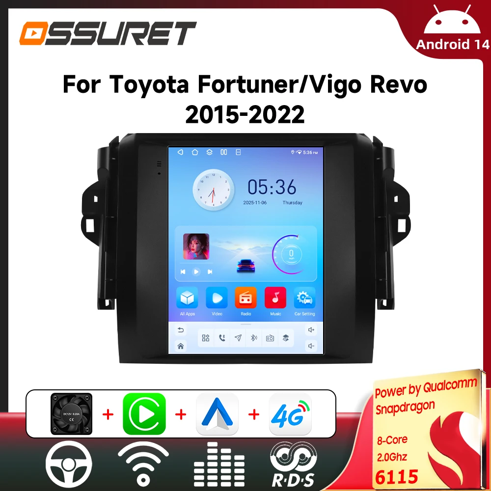 Autoradio Android pour Toyota Fortuner 2015 - 2022 HILUX Revo Carplay Auto Multimédia Automobile 6115 Écran Vertical 9,7 pouces GPS