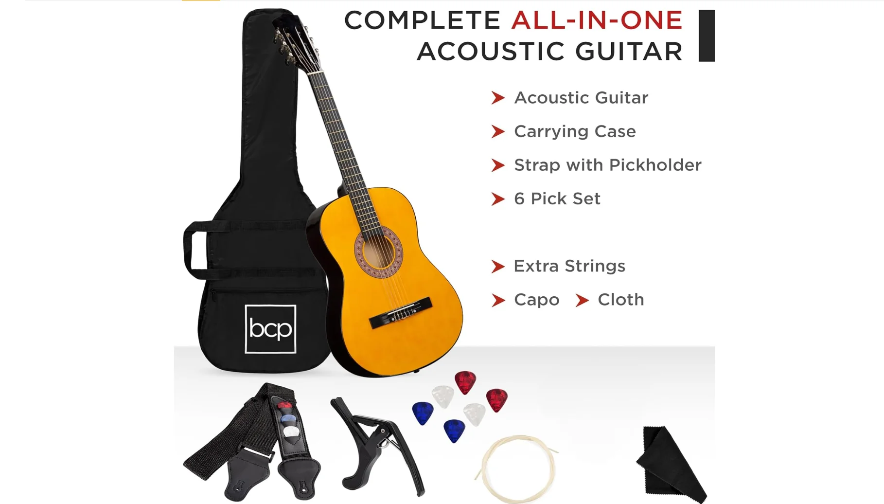 Best Choice Products 38in Beginner All Wood Acoustic Guitar Starter Kit w/Gig Bag, 6 Celluloid Picks, Nylon Strings, Capo, Cloth