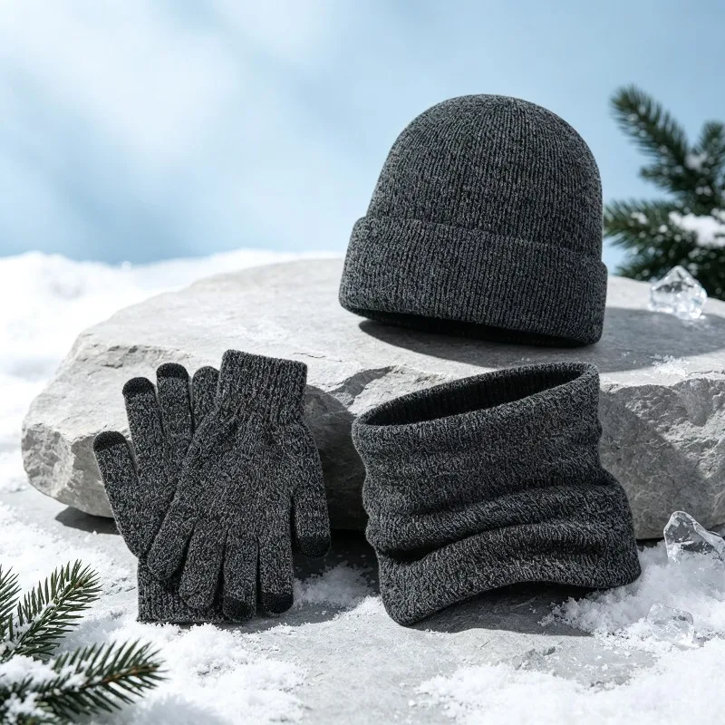 Stylish Thick Fleece Knit Scarf Hat Gloves 3‑Piece Set Cold Resistant Warm Outfit For Men And Women Autumn Winter Daily Matching