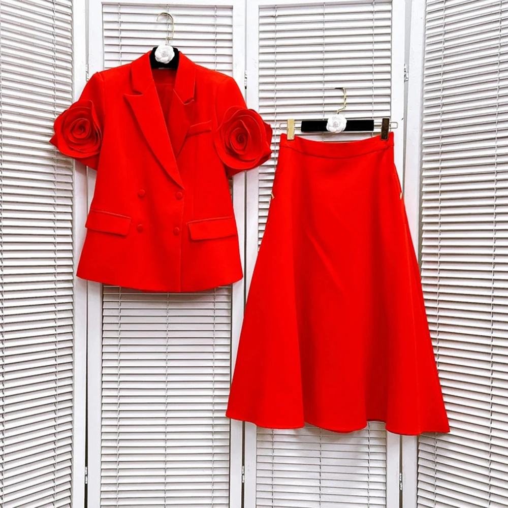 French high-end fashion three-dimensional flower splicing small suit solid color temperament skirt two-piece suit-GZXX255