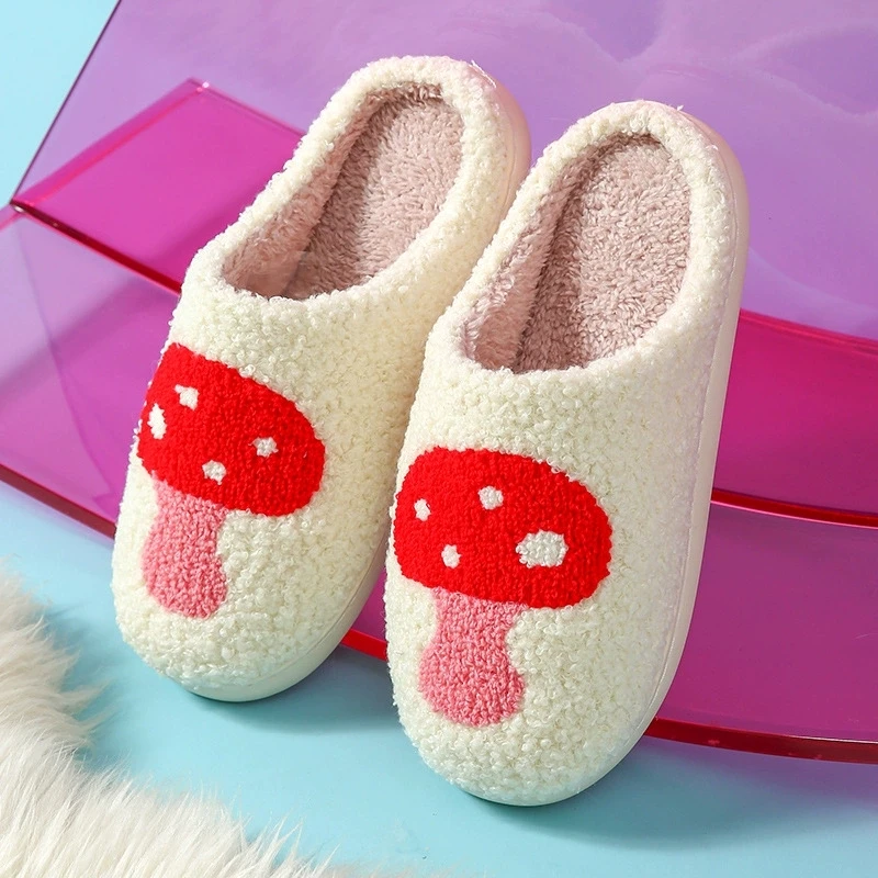 Chic Mix Color Women's Cotton Slippers Winter 2025 Flat Heel Indoor Anti Slip Fur Slippers Woman Rainbow Heart Print Home Slides