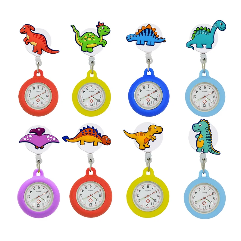 YiJia 10pc Wholesale Cartoon Dinosaur Retractable Badge Reel Nurse Pocket Watch with Rubber Shell Hospital