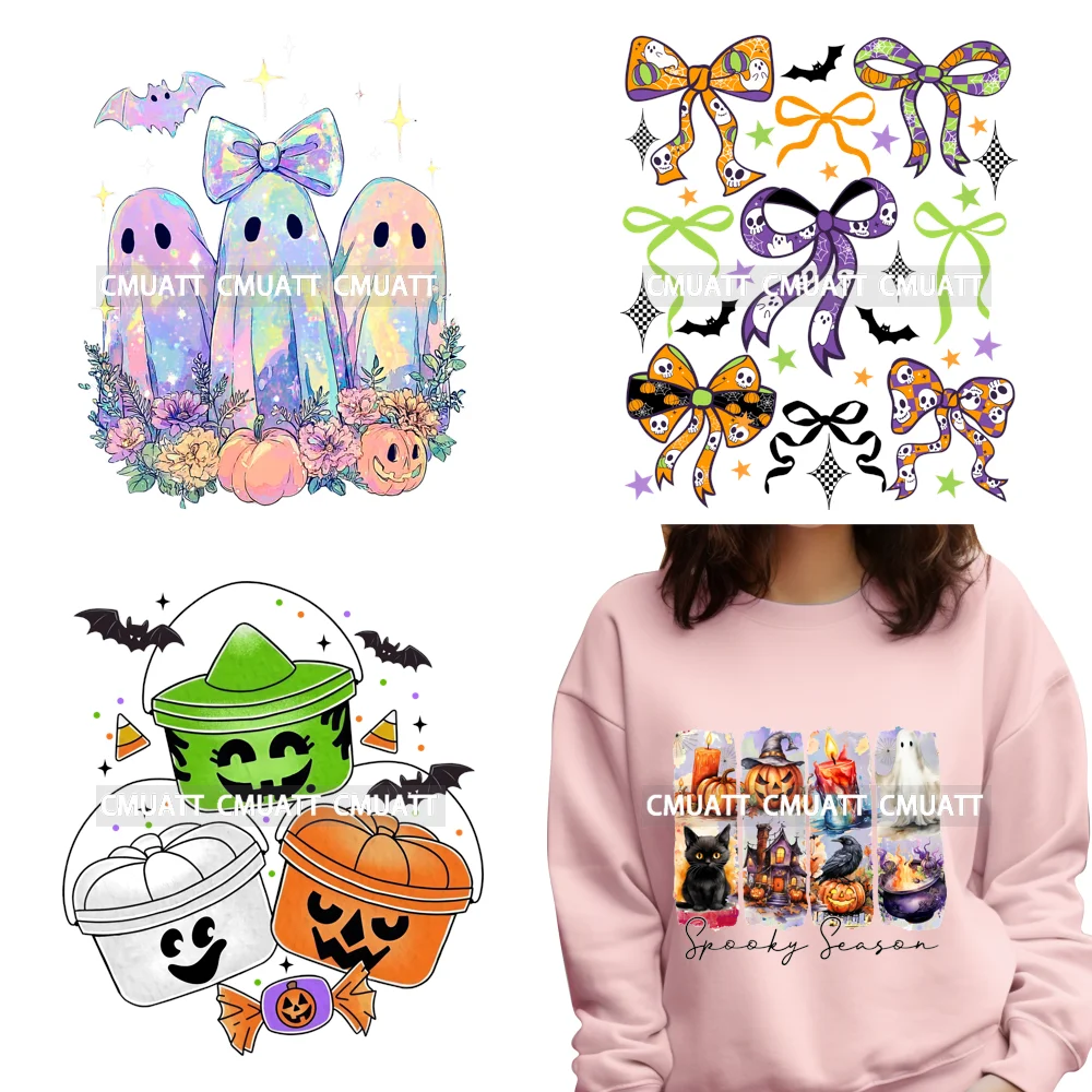 

Preppy Girly Halloween Season Boo Mama Ghost Coquette Bow Bats Iron on Washable DTF Transfer Sticker Ready to Press for T-shirts
