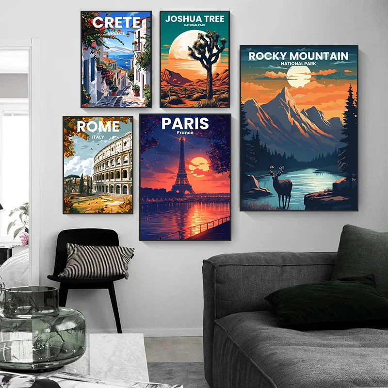 Modern Travel Cities Santorini Rome Crete Paris London Art Poster Canvas Prints Wall Art Painting for Home Living Room Decor