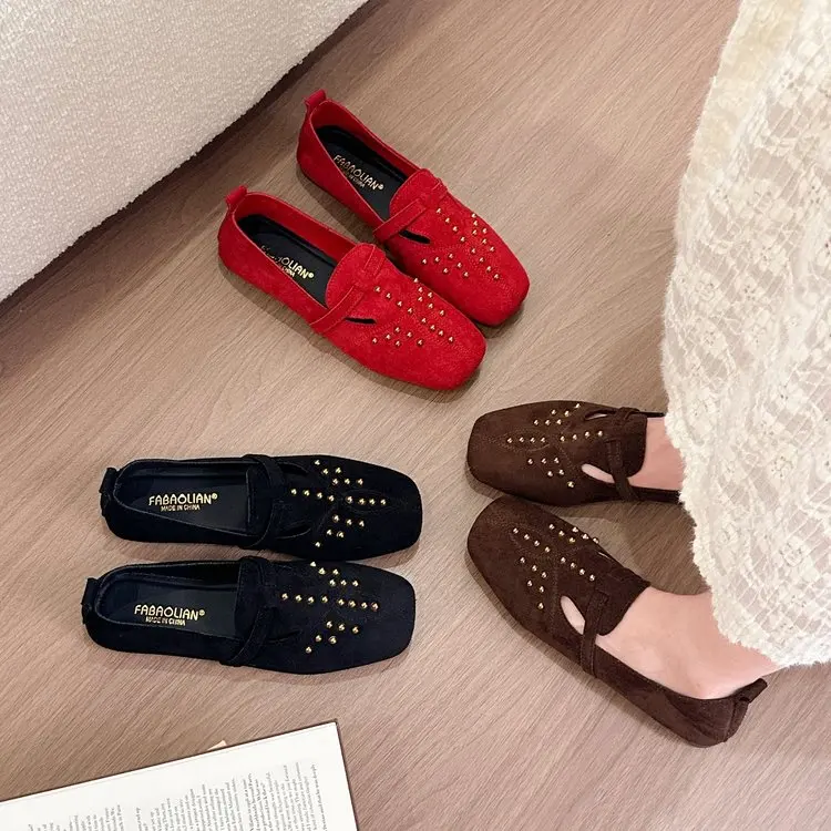 Retro Flat Shallow Square-toe Studded Single Shoes for Women, New Autumn Style, Versatile Soft-soled Slip-on Lazy Work Loafers