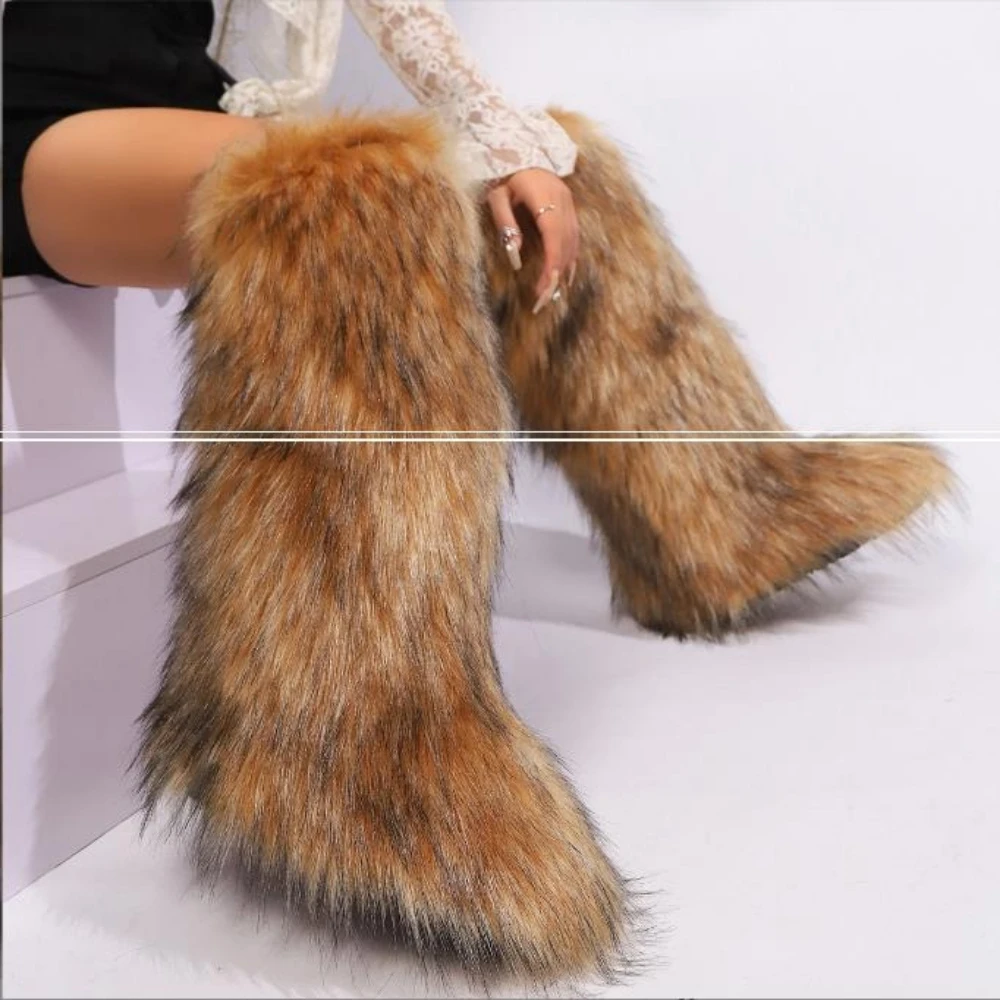 

Женские сапоги выше колена, высокие туфли, новые зимние кашемировые женские сапоги из лисьего меха, теплые ботинки, нескользящая подошва