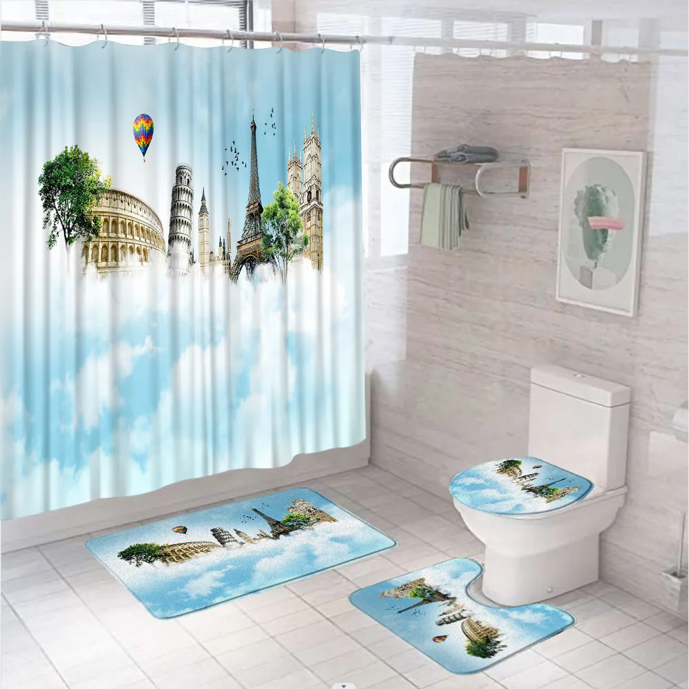 

Eiffel Clock Tower Shower Curtain Sets Famous Buildings Cloud Scenery Bathroom Fabric Screen Anti-slip Bath Mat Toilet Cover Rug