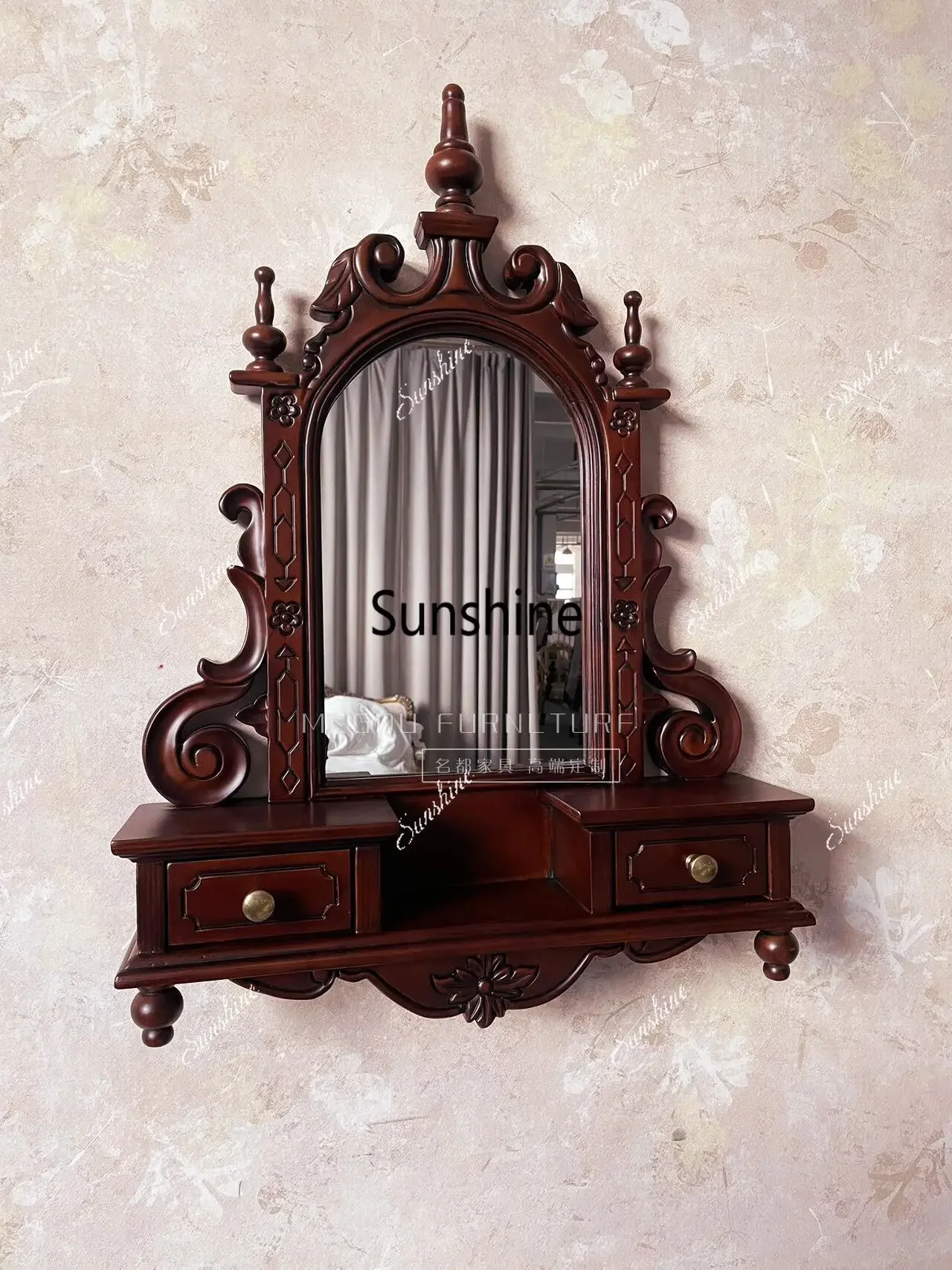 Retro brown makeup mirror wooden medieval furniture customization  FT