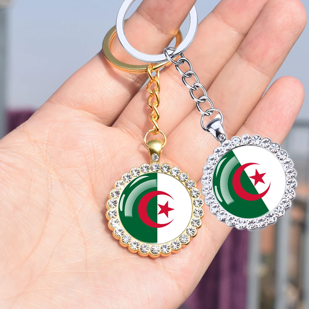 Algeria Flag Key Chain Charms Glass Crystal Pendant Keychains Keyring Patriot Souvenir Women Men Gifts Algeria Flags Jewelry