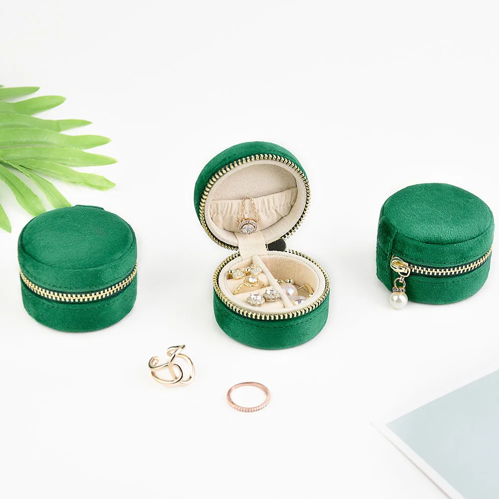 Cylindrical Velvet Jewelry Box, Mini Zipper Jewelry Box, Multifunctional, Wavy-groove, Storage Case for Travel