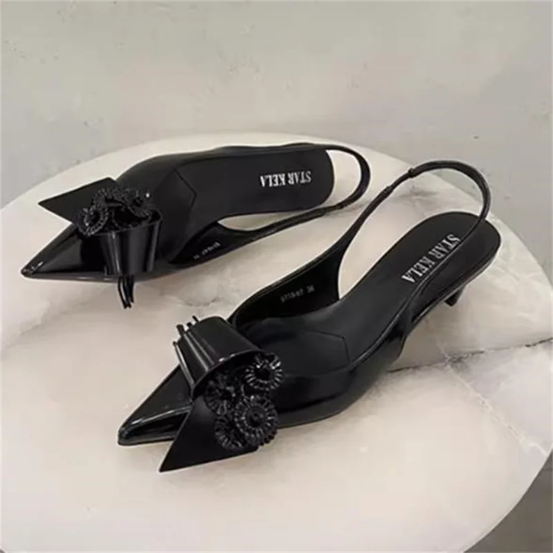 Flower Decoration Shoes for Ladies Pointed Toes Kitten Heels Shallow Womens Back Strap Female Sandals Sewing Lines Zapatos Mujer