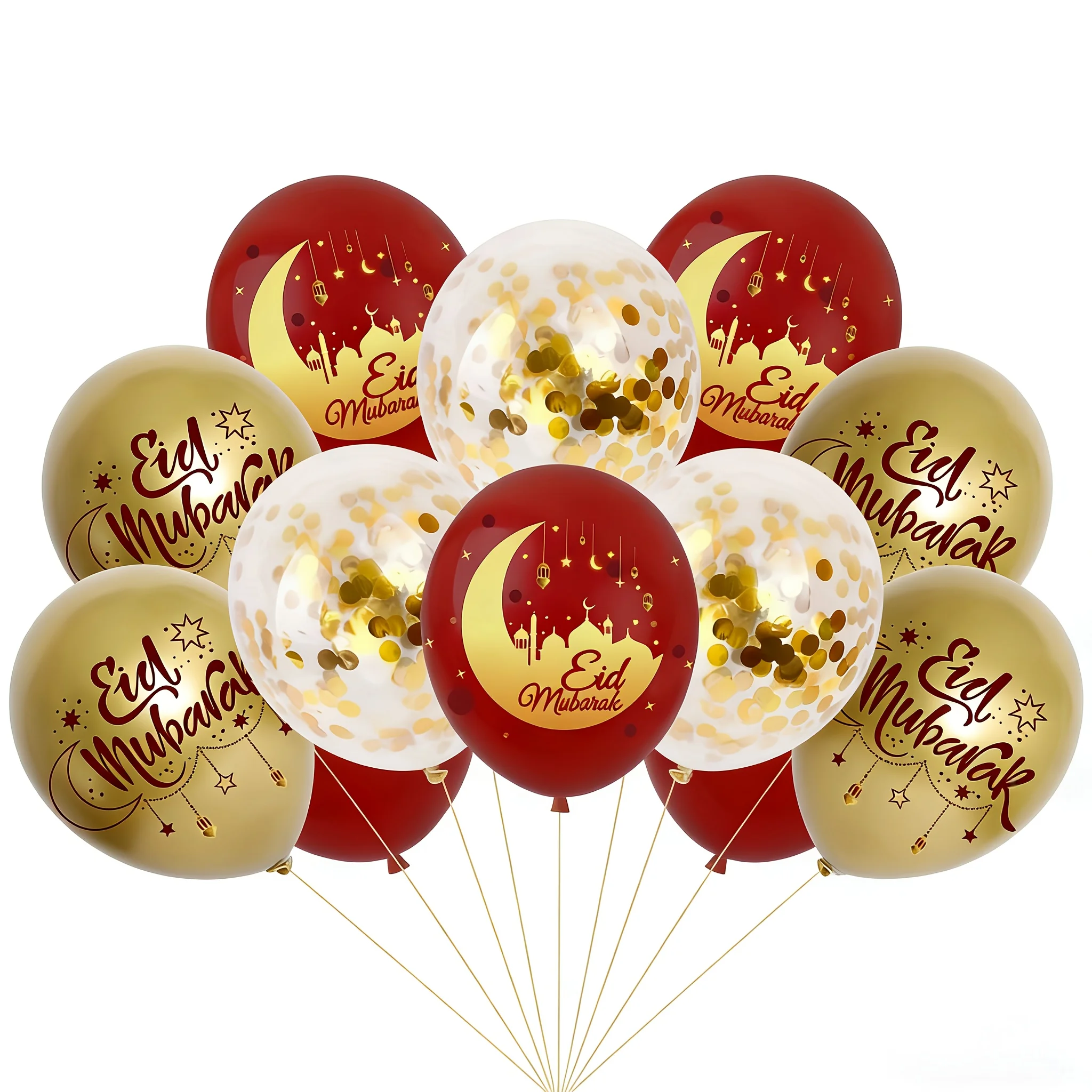 10 Stück Eid Mubarak Ramadan Kareem Rot und Gold Thema Party Dekoration Lieferungen Banner Kuchen Topper Ballon Set Eid Party Supplies