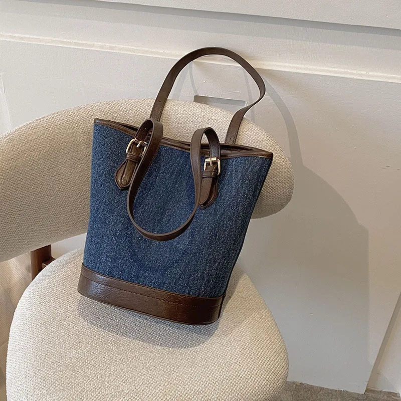

Denim Bucket Bag Large Capacity 2023 New Shoulder Handbag Popular Texture Premium Sense Bucket Bags